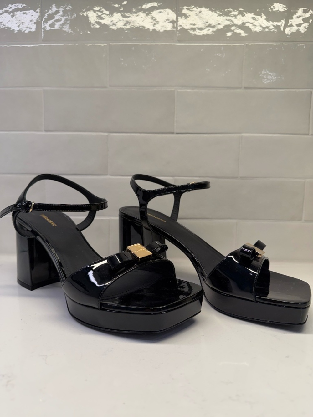 Salvatore Ferragamo Patent Leather Black Sandals Size 9
